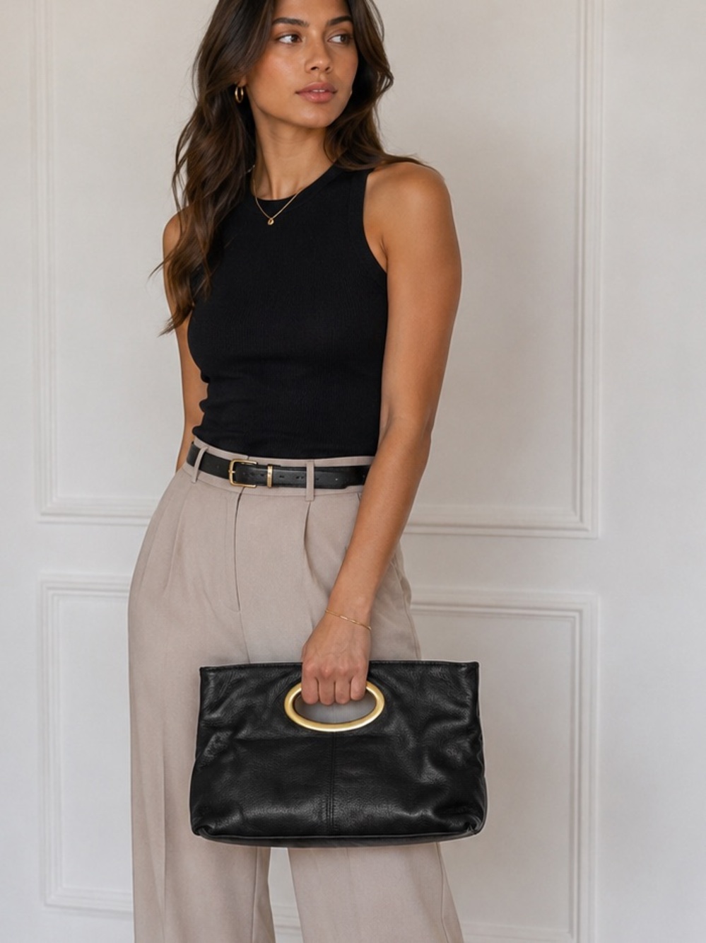 Kate Landry Black Leather Slouchy Bag Clutch Gold Handle Hardware Y2K Aesthetic